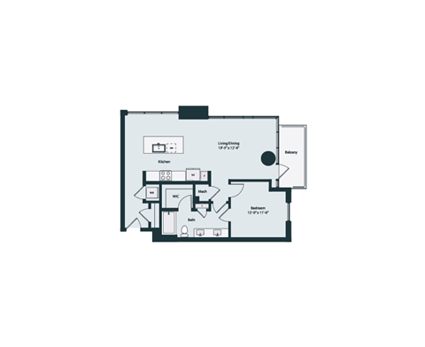 Floor plan for 1 bed, 1 bath, 858 sqft
